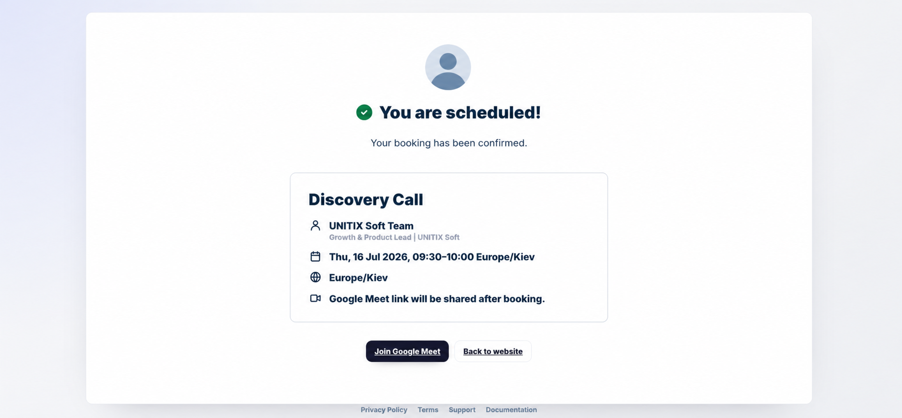 UNITIX Soft CRM booking confirmation showing meeting details and Google Meet action