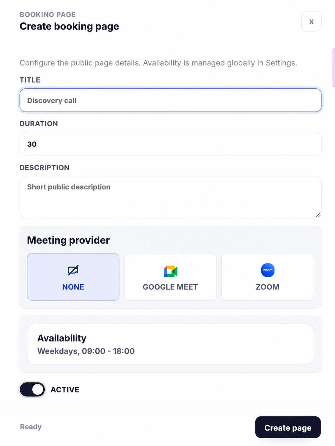 UNITIX Soft CRM Create booking page form with title, duration, meeting provider, availability, and active status controls